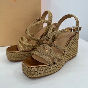 Castaner Gold Metallic Wedge Sandals Braided Straps 37 6.5 Womens Made In Brazil